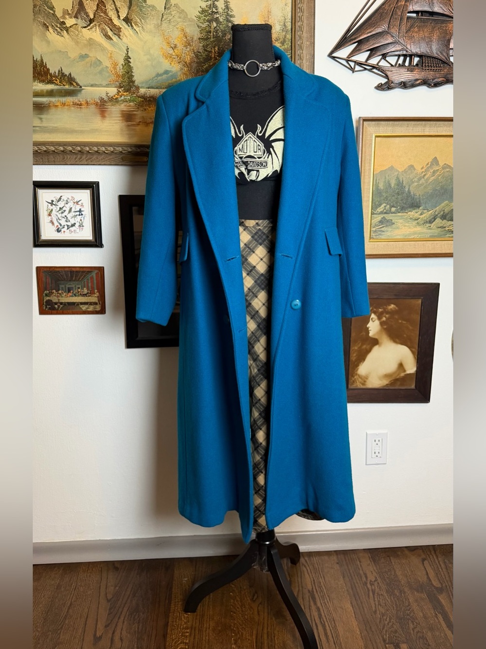 Vintage Turquoise Blue 100 % Wool Long Coat Size L-XL